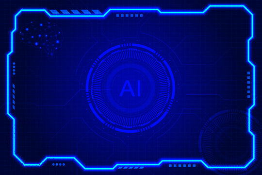 Glowing AI circuit with neon HUD elements and digital tech lines spreading across futuristic background. Sci-fi interface design. Digital vector illustration.