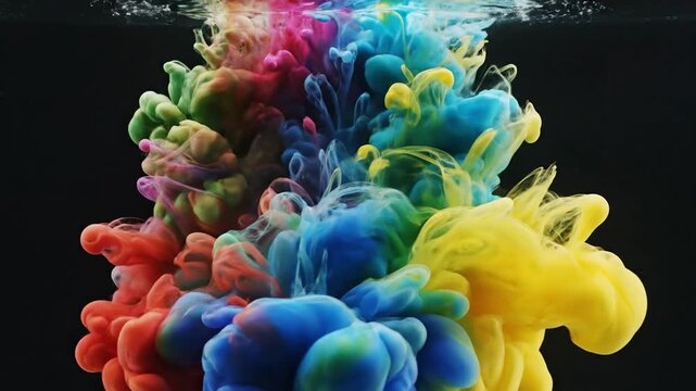 Colorful paint drops swirling in water creating abstract silky ink collision on black background
