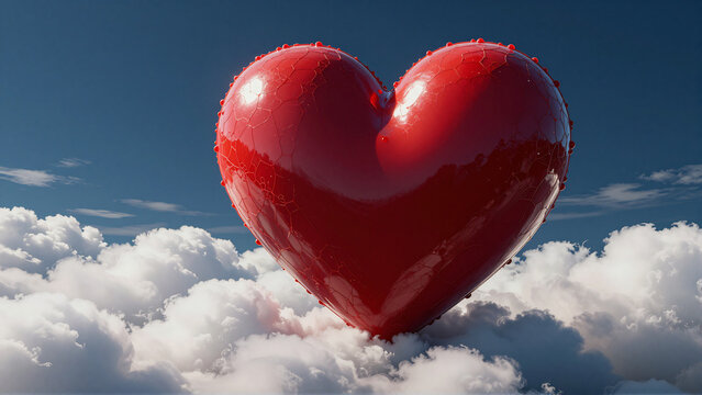 Vibrant Red Heart Floating High Above Fluffy White Clouds