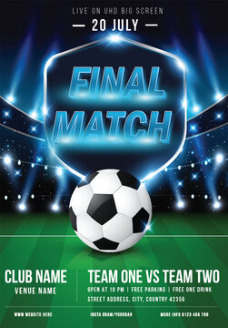 World Cup Football Final Match Poster 2026 Football Match Final Concept. Glowing Shield Stadium High Lights and Soccer Field design