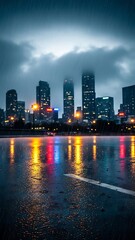 Obraz premium Rainy Cityscape Reflections at Night.