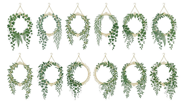 Elegant hanging green leaf wreath and frame border vector set