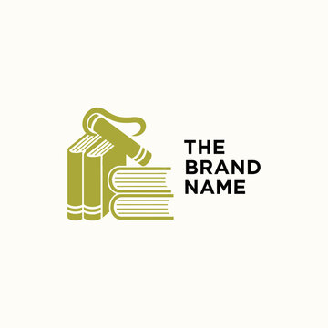 Simplistic logo showing a stack of books with a pen on top and placeholder text