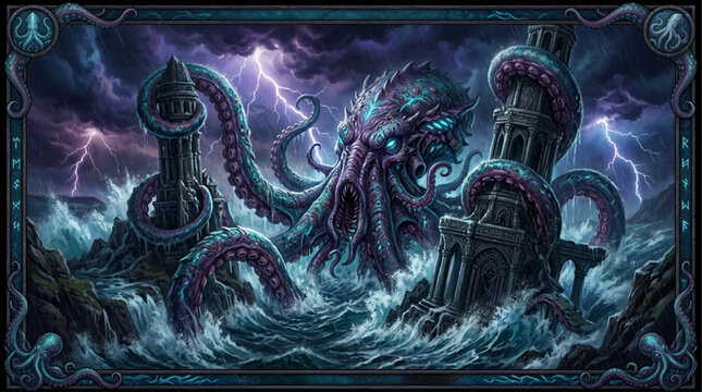 Fantasy card background with giant kraken destroying stone towers in storm