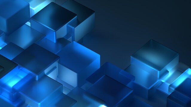 Abstract 3D Glowing Blue Glass Cubes