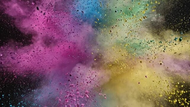 Colorful powder explosion bursting on black background creating a vivid abstract color blast