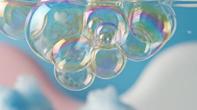Colorful soap bubbles with iridescent patterns floating against a pastel blue and pink background