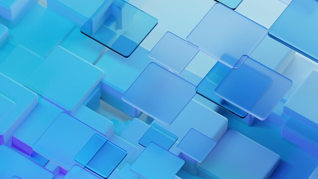Abstract 3D Blue Geometric Tech Blocks with Glass Tiles
