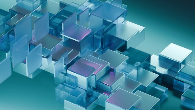 Abstract 3D Blue Geometric Tech Blocks with Glass Tiles
