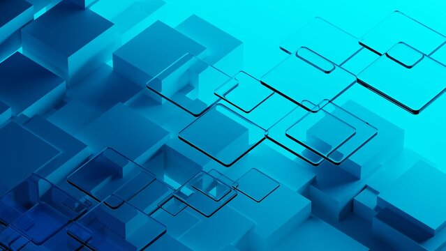 Abstract 3D Blue Geometric Tech Blocks with Glass Tiles
