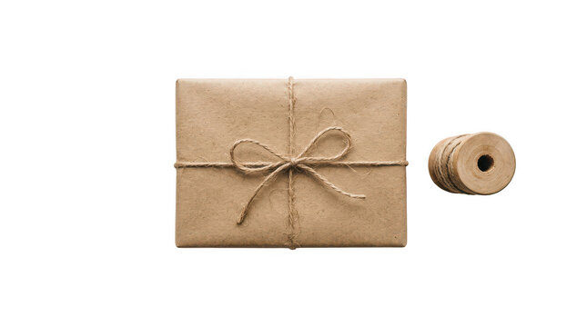 Rustic brown craft paper gift box, tied with natural twine string ribbon. Eco friendly parcel package design isolated on Transparent Background