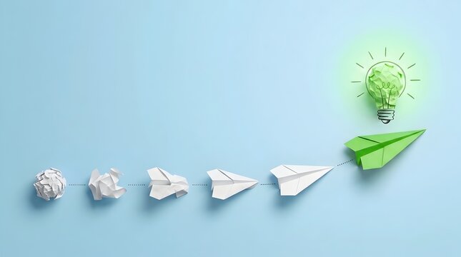 Sustainable business innovation concept with green paper plane flying towards a bright eco-friendly lightbulb