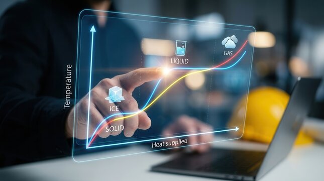 Engineer pointing at a digital graph explaining the thermodynamics concept of latent heat and phase changes.