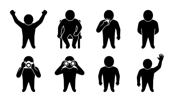 Diverse Human Figure Poses, 8 Silhouette Icons Set, Business People Actions, Lifestyle Gestures, Communication Symbols, Vector Graphics Collection