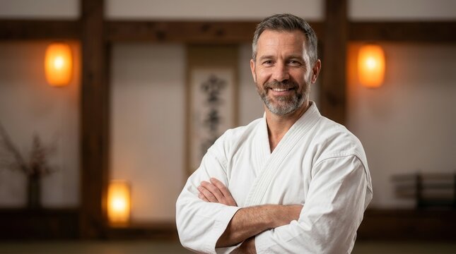 Smiling adult male karate teacher in a white kimono posing in a dojo hall.