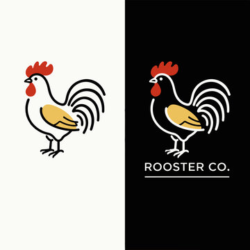 Minimalist logo design featuring a stylized rooster icon with bold black lines and vibrant red and yellow accents presented on both white and dark black background surfaces for brand identity.