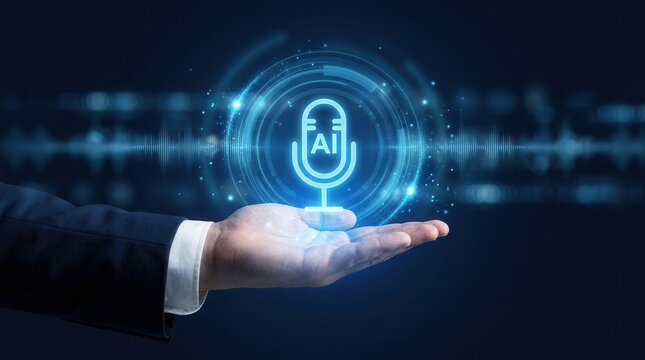 Businessman interacting with AI voice technology and speech recognition interface.
