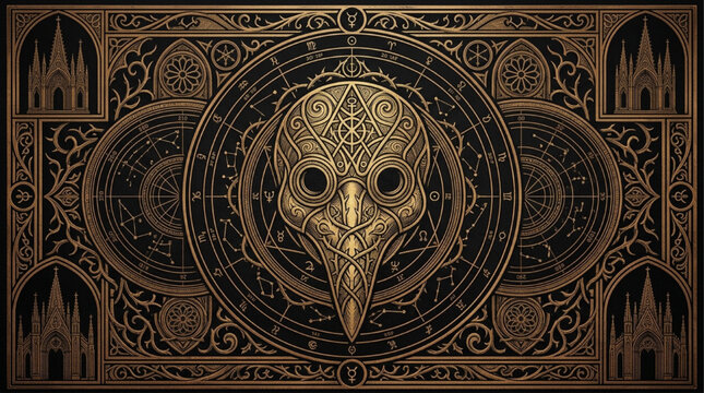 Mystic plague doctor mask tarot card background with gothic cathedral frame