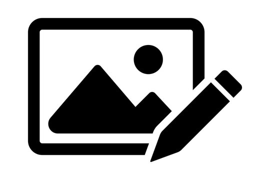 Black Photo Gallery Edit Icon with Landscape Frame and Pencil Graphic isolated on transparent background image album library draft
