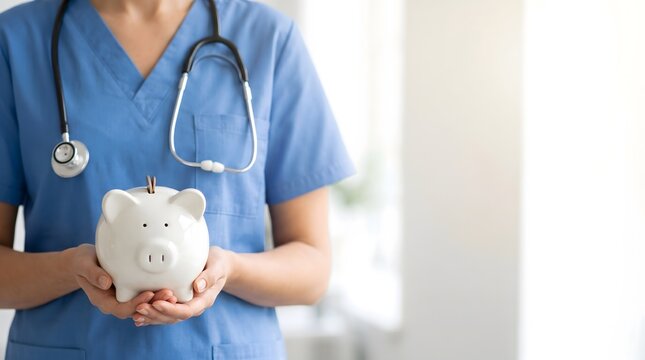 A healthcare professional holding a piggy bank representing savings and medical costs.