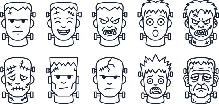 Collection of monster head line art icons showing various facial expressions