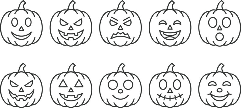 Collection of hand drawn pumpkin faces in a simple line art style illustration