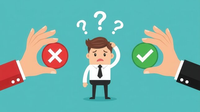 A confused businessman facing difficult choices between a red cross and a green check mark.