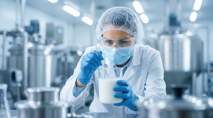 Fototapeta premium A professional food scientist testing dairy product quality using sterile equipment in a laboratory.