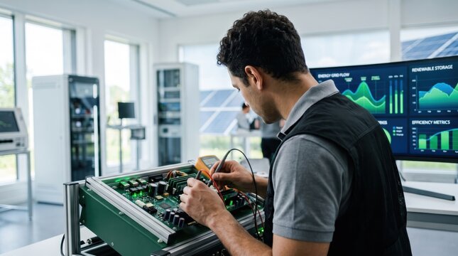 Engineer testing circuit board with multimeter in renewable energy lab, monitoring solar power efficiency metrics on digital dashboard screens for smart grid optimization and su...