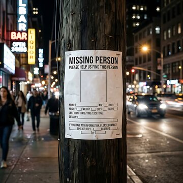 missing person poster on city street pole at night