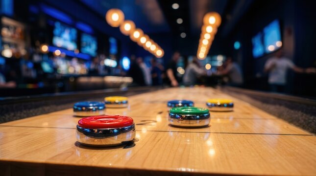 Colorful shuffleboard pucks on a wooden surface during a game.