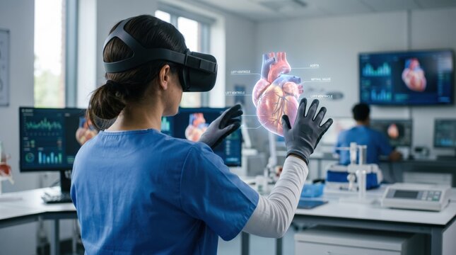 Female doctor wearing VR headset analyzing holographic heart anatomy, advanced medical technology and virtual reality in healthcare for surgery planning.