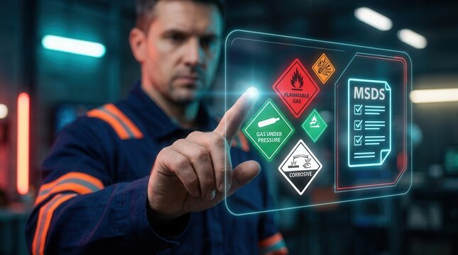 Safety staff pointing to a flammable warning sign to check materials safety data sheet.