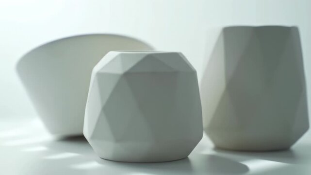 Minimalist white ceramic vases with geometric facets and curved shapes, studio lighting