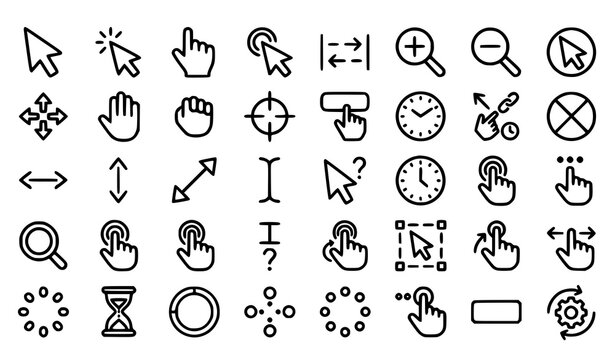 Cursor Icons Editable Stroke Set with Mouse Pointer Clicking Hand and Touch Gesture Outline Symbols