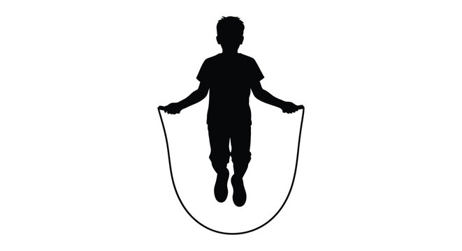Child jumping rope in a black silhouette against a white background silhouette