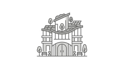Fototapeta premium Dynamic Line Drawing of Eco Friendly Urban Building with Green Roof Solar Panels and Greenery with high quality professional line art symbols for modern creative design and digital branding projects