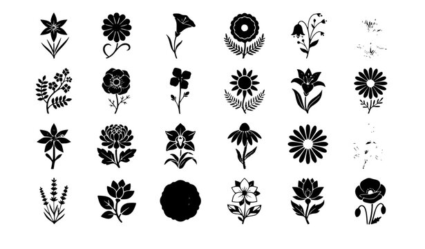 flower, floral, icon, blossom, botanical, bloom, plant, garden, nature, petals, leaf, symbols, collection, set, decorative, ornament, spring, vector, illustration, flat, isolated, white, minimal, colo