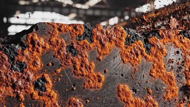 Corrosion spreading across industrial metal surface with orange rust texture in timelapse