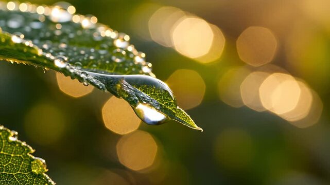 Closeup of a vibrant green leaf covered in sparkling dew drops at sunrise, with soft golden bokeh lights in the background, symbolizing nature's freshness and morning tranquility.