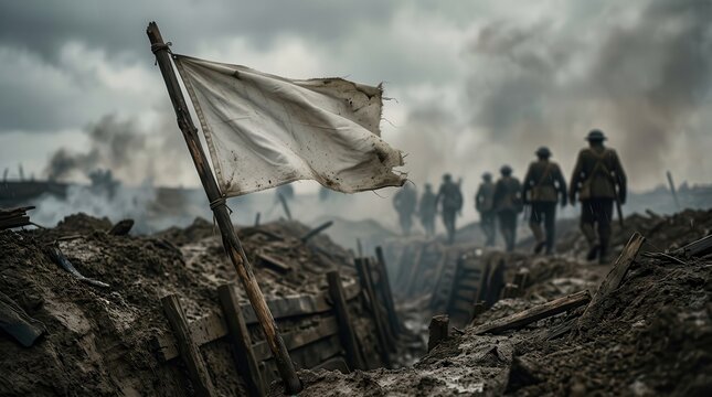 A white flag waves above battlefield trenches with soldiers in the distance.