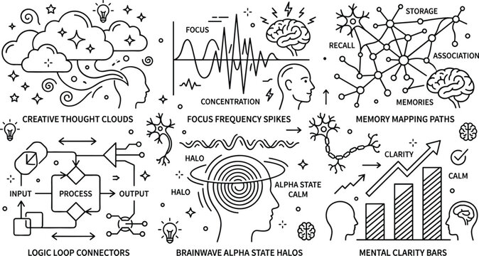 Brain Mind Map Infographic with Thought Cloud, Focus Wave, Memory Network, and Logic Diagram