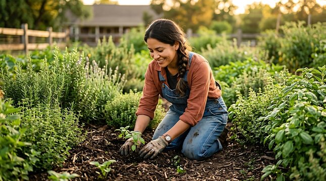 Smiling woman in overalls planting herbs in golden hour garden