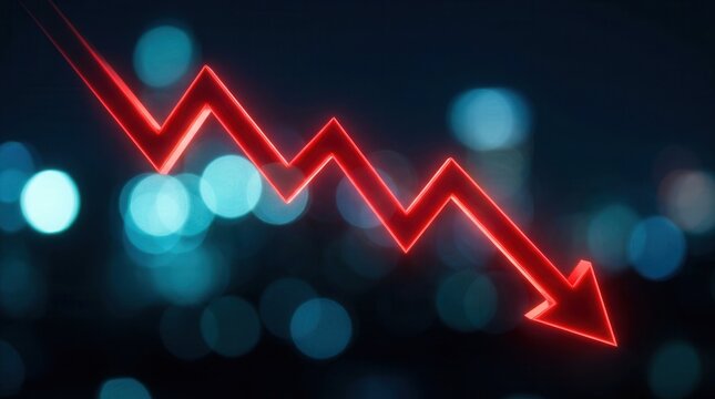 Red down arrow indicating market decline against a bokeh city background.