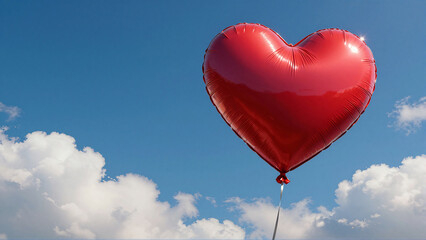 Fototapeta premium Red Heart Shaped Balloon Floating Against a Bright Blue Summer Sky