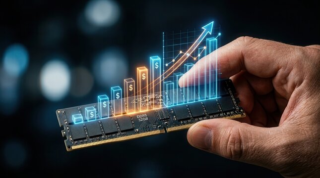 The rising cost of a computer memory module shown with a financial growth graph.