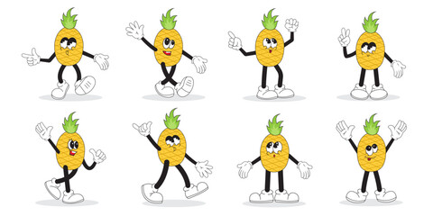 Obraz premium Cute pineapple cartoon character set showing various friendly poses and gestures.