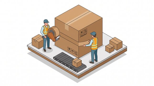 Isometric illustration of logistics workers wrapping a giant cardboard box with tape