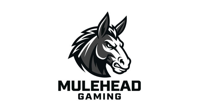 Black and white mule head logo.