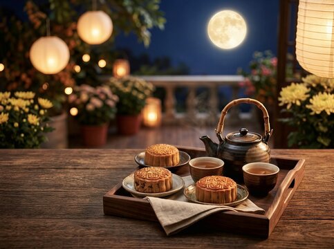 Traditional Mooncakes with Tea for Mid-Autumn Festival